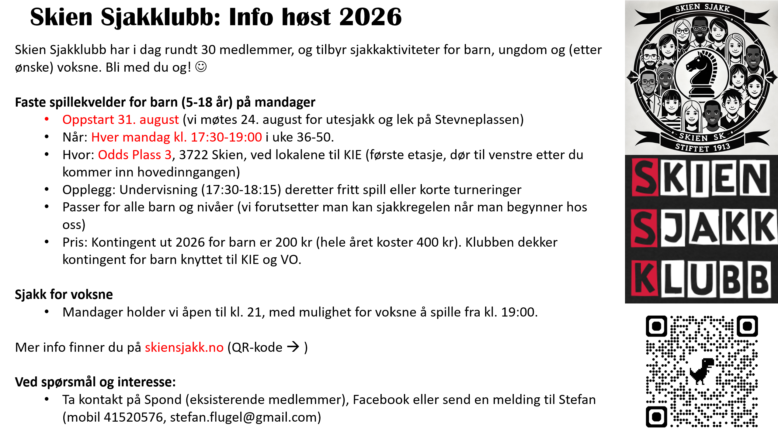 Flyer for Skien Sjakkleir 2026
